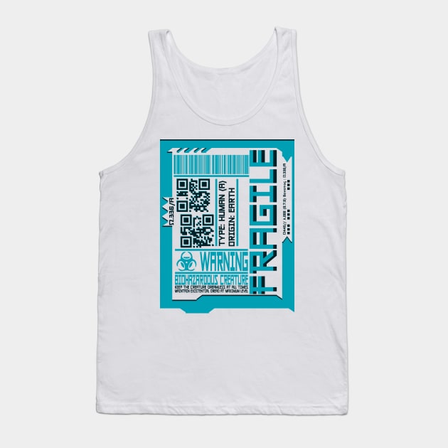 CYAN FRAGILE Cyberpunk Inspired Human Shipping Label T-Shirt Tank Top by Zeroeroroo